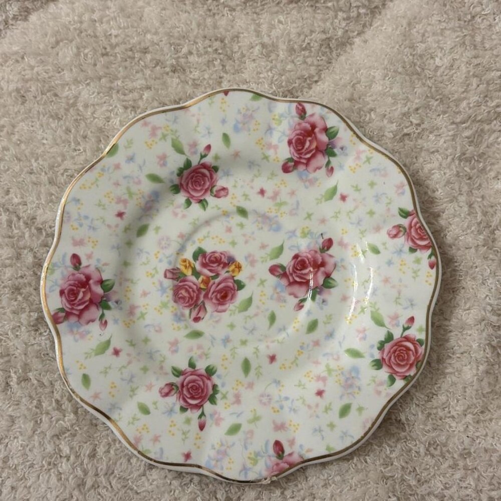Dainty Rose Saucer – Pink Florals + Gold Rim, Scalloped Edge